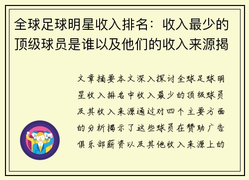 全球足球明星收入排名：收入最少的顶级球员是谁以及他们的收入来源揭秘